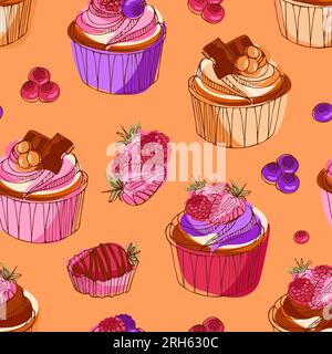 Délicieux cupcakes au chocolat, baies et caramel. Illustration vectorielle lumineuse de motif moderne dans le style d'esquisse. Pour papier peint, impression sur tissu, Illustration de Vecteur