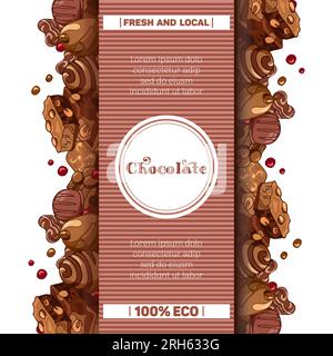 Illustration vintage graphique avec des morceaux de chocolat au lait, des noix, des bonbons. Gabarit d'emballage. Journée mondiale du chocolat. Pour menu, étiquette, emballage de produit. Illustration de Vecteur