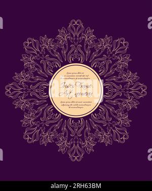 Cadre rond vintage élégant. Iris dorés sur fond violet foncé. Rétro, baroque. Pour cartes de visite, mariages, invitations, cartes postales, Illustration de Vecteur