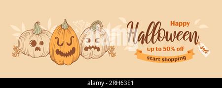 Bonne vente halloween. Bannière horizontale lumineuse dans un style croquis, tons terreux vintage. Citrouille aux visages en colère et effrayés, feuilles d'automne. Pour adv Illustration de Vecteur