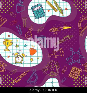Retour à l'école. Motif sans couture lumineux, style comique de bande dessinée. Symboles d'apprentissage, couleurs vintage, années 90 Réveil, pomme, calculatrice, crayons. Pour mur Illustration de Vecteur