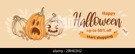 Bonne vente halloween. Bannière horizontale lumineuse dans un style croquis, tons terreux vintage. Jack o lanterne. Citrouille avec des visages joyeux et effrayants, au Illustration de Vecteur