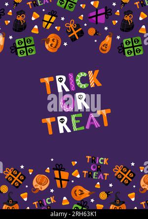 Joyeux Halloween. Trick ou Treat. Illustration vectorielle lumineuse. Jack o lanterne, chapeau de sorcière, chat, sucettes, cadeaux avec crânes, étoiles et maïs bonbon. Pour b Illustration de Vecteur