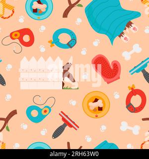 Des trucs chiots. Illustration mignonne, articles de soins pour chiens. Jouets, bol de nourriture, os, collier de chien, roulette de laisse, chiot derrière la clôture, dormant sous les couvertures. Illustration de Vecteur