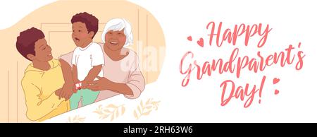 Bonne fête des grands-parents. Grand-mère et petits-enfants se serrent et rient. Famille aimante afro-américaine, relations générationnelles. Frères et sœurs, enfants de Illustration de Vecteur