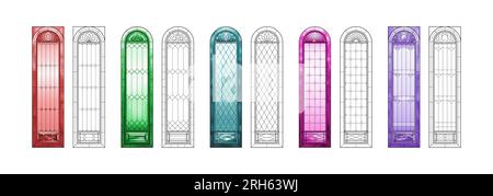Feuilles de travail en vitrail de l'église. Ensemble de cinq fenêtres différentes. Illustration de Vecteur