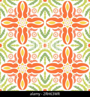 Motif géométrique ethnique avec des motifs floraux de couleurs vert et orange. Pour papier peint, impression sur tissu, emballage, fond Illustration de Vecteur