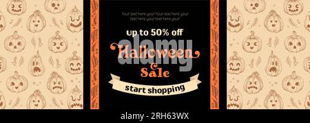 Bonne vente halloween. Bannière horizontale lumineuse dans un style esquissé. Lettrage vintage, motif. Citrouilles dans le style dessiné à la main avec des visages effrayants et drôles. Illustration de Vecteur