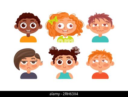 Ensemble de visages d'enfants de différentes ethnies. Émotions négatives positives. Dégoût, bonheur, joie, mécontentement. Pour les autocollants, avatar, élément de design Illustration de Vecteur