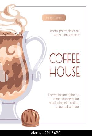 Latte ou chocolat chaud avec de la crème fouettée dans un verre en cristal. Bannière pour café, café-bar, barista. Illustration vectorielle pour affiche, bannière, flyer Illustration de Vecteur