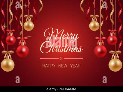 Joyeux Noël et bonne année. Illustration vectorielle, boules de noël givrées réalistes rouges et or et rubans, étoiles et serpentine. Pour adverti Illustration de Vecteur
