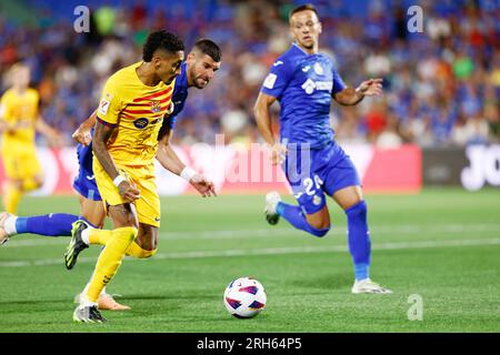 Raphinha du FC Barcelone lors du match de football de championnat d'Espagne de la Liga entre Getafe CF et le FC Barcelone le 13 août 2023 au stade Coliseum Alfonso Perez à Getafe, Madrid, Espagne Banque D'Images