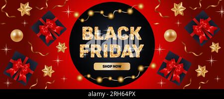 Black Friday. Bannière de vente lumineuse, style réaliste. Boules dorées, étoiles et rubans, coffrets cadeaux avec noeuds en satin. Lettrage scintillant, lig féérique Illustration de Vecteur