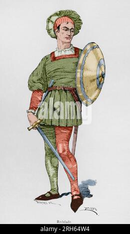 (Rodeleros porteurs du bouclier). Des troupes espagnoles au début du 16ème siècle. Ils étaient équipés d'épées et de boucliers en acier ou boucliers, connu comme rodela. La majorité des troupes de Hernan Cortes, au cours de la campagne dans le Nouveau Monde, ont été rodeleros. La gravure. Museo Militar, 1883. Plus tard la couleur. Banque D'Images