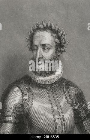 Luis Vaz de Camoes (1524-1580) Écrivain et poète portugais. Auteur de 'OS Lusiadass' (1572). Portrait. Gravure par Geoffroy. 'Historia Universal', de Cesar Cantu. Volume V. 1856. Banque D'Images