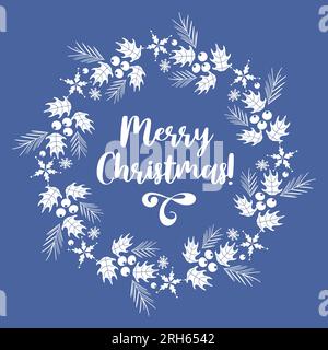 Joyeux Noël. Cadre vintage rond en flocons de neige, houx et épicéa. En bleu et blanc. Police rétro. Pour affiches, cartes postales, bannières, desi Illustration de Vecteur