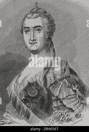 Catherine la Grande ou Catherine II (1729-1796). Impératrice de Rusia de 1762 à 1796. Portrait. Gravure par Facnion. 'Los Heroes y las Grandezas de la Tierra' (les héros et les Grandeurs de la Terre). Volume VI 1856. Banque D'Images