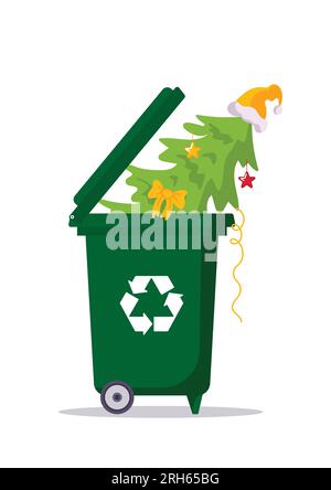 Sapin de Noël avec guirlande et chapeau de père noël dans un bac avec un panneau de recyclage. Nettoyage après les vacances. Respectueux de l'environnement, vacances vertes, raisonnables Illustration de Vecteur