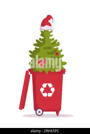 Sapin de Noël dans un bac avec un panneau de recyclage. Nettoyage après les vacances. Respectueux de l'environnement, vacances vertes, consommation raisonnable. Pour autocollants, Illustration de Vecteur