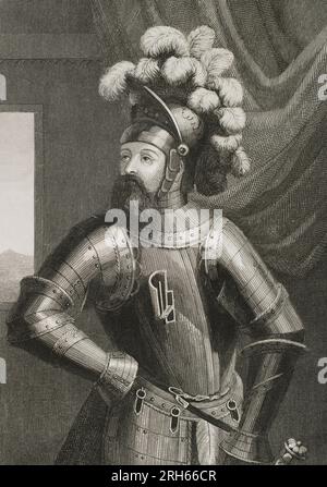 Wilfred I le Hairy (840- 897). Comte de Barcelone, Cerdanya, Urgell, Gérone et Besalu. Portrait. Gravure par Antonio Roca. Las Glorias Nacionales, 1853. Banque D'Images
