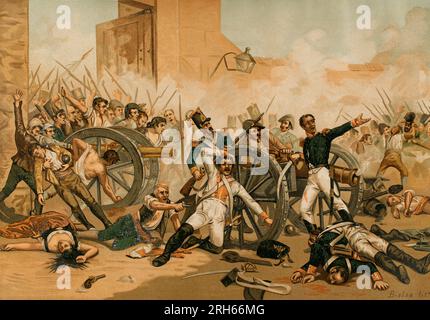 Guerre péninsulaire (1818-1814). Madrid, soulèvement du 2 mai 1808 contre les troupes françaises. Défense du parc Monteleon. Les capitaines d'artillerie Luis Daoiz et Pedro Velarde prennent les armes contre les Français. Illustration basée sur le tableau de Sorolla. 'Historia General de Espana' (Histoire générale de l'Espagne), par Miguel Morayta. Volume IV Madrid, 1892. Banque D'Images