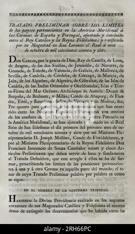 Premier traité de San Ildefonso (1 octobre 1777). Traité préliminaire sur les limites territoriales de l'Espagne et du Portugal en Amérique du Sud. La couronne portugaise céda à l'Espagne la moitié sud de l'Uruguay actuel, y compris Colonia del Sacramento. Aussi les îles d'Annobon et Fernando Poo dans les eaux guinéennes. La Couronne espagnole a accepté le retrait de l'île Santa Catarina, sur la côte brésilienne. Convenu et conclu par le roi Charles III d'Espagne et la reine Maria I de Portugal. Ratifié par le roi à San Lorenzo de El Escorial le 11 octobre de la même année. Recueil des traités de Peac Banque D'Images