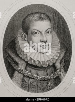 Philippe III (1578-1621) Roi d'Espagne (1598-1621) et aussi, comme Philippe II, roi du Portugal, Naples, Sicile et Sardaigne. Portrait. Gravure par Masson. Lithographié par Magin Pujadas. Historia General de Espana, par Modesto Lafuente. Volume III Publié à Barcelone, 1879. Banque D'Images