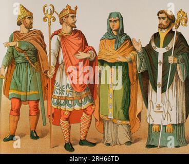 Anglo-saxons (500-1000) De gauche à droite, 9 : chef militaire, 10 : roi (966), 11 : noble (850), 12 : évêque (900). Chromolithographie. 'Historia Universal' (Histoire universelle), par Cesar Cantu. Volume IV Publié à Barcelone, 1881. Banque D'Images