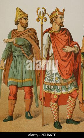 Grande-Bretagne (500-1000). Anglo-saxons. De gauche à droite : chef militaire et roi en 966. Chromolithographie. 'Historia Universal' (Histoire universelle), par Cesar Cantu. Volume IV Publié à Barcelone, 1881. Banque D'Images