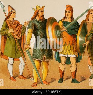 Anglo-saxons (500-1000) De gauche à droite, 1 : Warrior, 2 : King (750), 3 : Warrior. Chromolithographie. 'Historia Universal' (Histoire universelle), par Cesar Cantu. Volume IV Publié à Barcelone, 1881. Banque D'Images