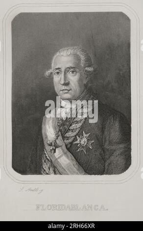 Jose Monino y Redondo, 1e comte de Floridablanca (1728-1808). Homme d'État espagnol. Secrétaire d'État (1777-1792). Portrait. Gravure de J. Amills. 'Historia Universal', de Cesar Cantu. Volume VI 1857. Banque D'Images