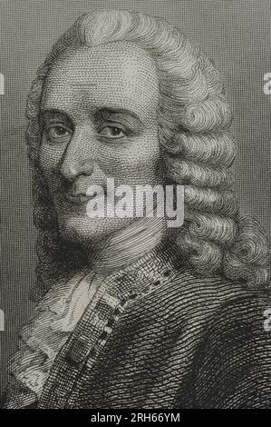 Voltaire (François Marie Arouet) (1694-1778). Écrivain français des Lumières. Portrait. Gravure par Geoffroy. 'Historia Universal', de Cesar Cantu. Volume VI 1857. Banque D'Images