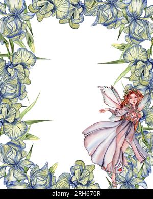 Cadre de fleurs de printemps carrées aquarelle dans le style de bande dessinée avec une fée de fleurs. Fond dessiné à la main de dessin animé avec des fleurs. Parfait pour invitation de mariage Banque D'Images