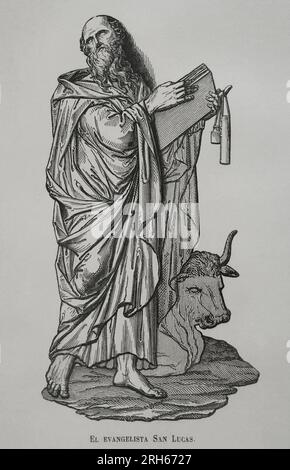 Saint Luc l'évangéliste. Auteur de l'un des quatre Évangiles canoniques et des actes des Apôtres. Gravure. Los Heroes y las Grandezas de la Tierra. Volume I. 1854. Banque D'Images