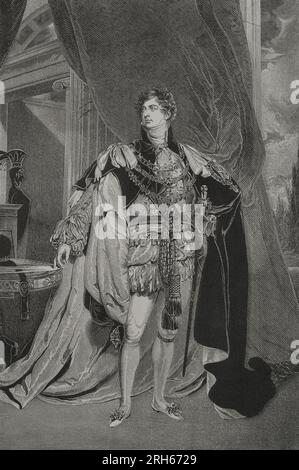 George IV (1762-1830). Roi du Royaume-Uni de Grande-Bretagne et d'Irlande et roi de Hanovre (1820-1830). Portrait. Gravure de Cabasson et J. Quartley après T. Lawrence. 'Los Heroes y las Grandezas de la Tierra' (les héros et les Grandeurs de la Terre). Volume VI 1856. Banque D'Images