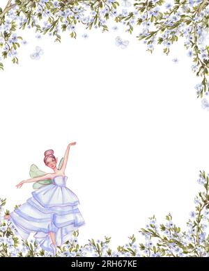 Cadre de fleurs de printemps carrées aquarelle dans le style de bande dessinée avec une fée de fleurs. Fond dessiné à la main de dessin animé avec des fleurs. Parfait pour invitation de mariage Banque D'Images