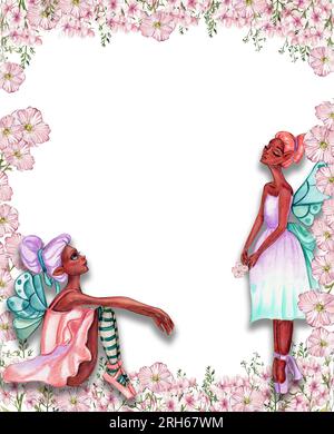 Cadre de fleurs de printemps carrées aquarelle dans le style de bande dessinée avec une fée de fleurs. Fond dessiné à la main de dessin animé avec des fleurs. Parfait pour invitation de mariage Banque D'Images