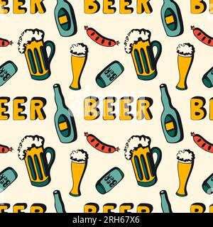 motif oktoberfest avec saucisses à bière et verres à bière et bouteilles. Illustration vectorielle Illustration de Vecteur