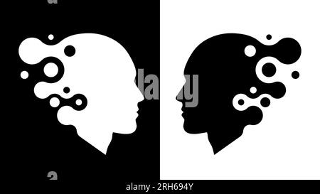 2 visages noirs et blancs abstraits de profil. Formation artistique. Illustration vectorielle Illustration de Vecteur