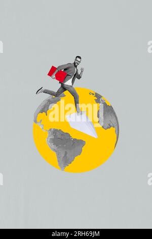 Image d'illustration de collage de jeune homme coureur terre livraison internationale dépêchez-vous de transporter rapidement ordre isolé de fond créatif Banque D'Images