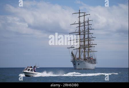 Le grand voilier de classe A Dar Mlodziezy, de Pologne, arrive dans le port de Falmouth, en Cornouailles, avant la course Magellan-Elcano Tall Ships Race. Onze grands voiliers du monde entier naviguent à Falmouth pour trois jours de festivités avant la Parade of Sail et le départ de la course de Falmouth Bay vendredi. Date de la photo : lundi 14 août 2023. Banque D'Images