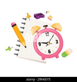 Composition avec papeterie et horloge. Illustration de Vecteur
