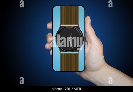 Garder le temps avec les téléphones cellulaires a réduit l'utilisation et le besoin de montres-bracelets. Ici, une montre est vue sur un écran de téléphone cellulaire dans une illustration 3D. Banque D'Images