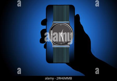 Garder le temps avec les téléphones cellulaires a réduit l'utilisation et le besoin de montres-bracelets. Ici, une montre est vue sur un écran de téléphone cellulaire dans une illustration 3D. Banque D'Images