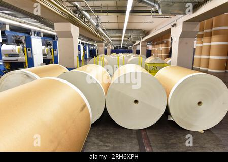 Les rouleaux de papier et de machines d'impression offset dans une grande boutique d'impression pour la production de journaux et magazines Banque D'Images