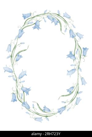 Modèle floral avec Bellflowers. Illustration d'aquarelle dessinée à la main pour les cartes de voeux ou invitations de mariage sur fond isolé. Couronne botanique Bluebell. Bordure botanique avec des plantes sauvages. Banque D'Images