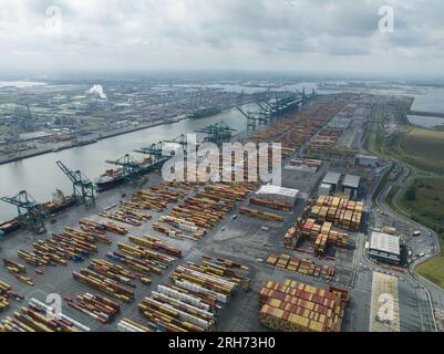 Antwerpen, 12 août 2023, Belgique. Aperçus aériens dans les terminaux à conteneurs Deurganckdok d'Anvers Banque D'Images