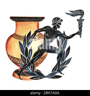 Composition avec des éléments grecs anciens et un athlète avec une torche. Amphore, couronne de Laurier. Dans le style de la peinture d'art grec ancien. Main dessiné wa Banque D'Images