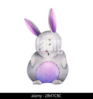 Un lapin rembourré cousu à partir de tissu en gris, rose et violet avec des points de fil est assis dormir. Illustration à l'aquarelle dessinée à la main pour l'affiche Banque D'Images