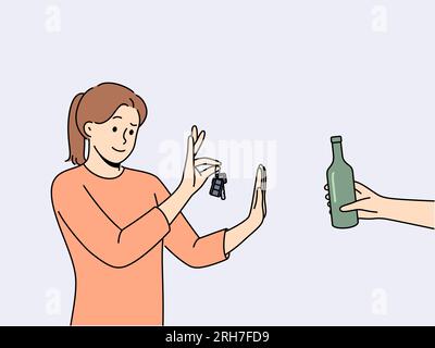 Femme conductrice refuse l'alcool et tient les clés de voiture debout près de la main humaine avec une bouteille de bière. Concept de sobriété et de sensibilisation du conducteur qui ne veut pas conduire après avoir bu de l'alcool Illustration de Vecteur